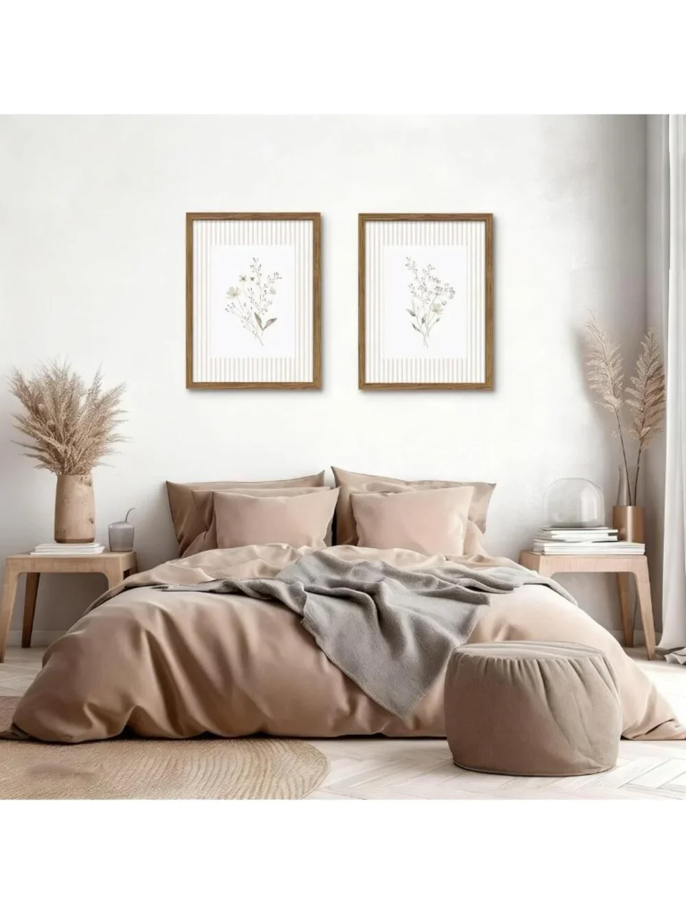 Set of 2 Neutral Wildflower Wall Art - Vintage Floral Prints for Rustic Decor